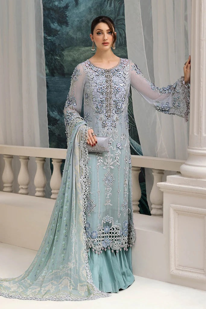 Aqua Sea Green – Embroidered Chiffon 3-Piece Suit